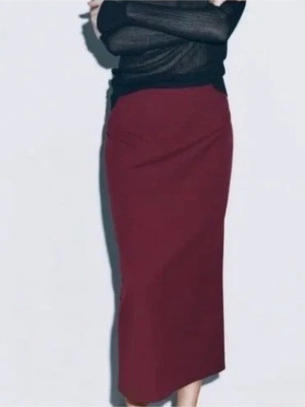 ZARA Burgundy Tailored Midi Skirt Pencil Slit High Waist Wine Maroon M NWOT $70